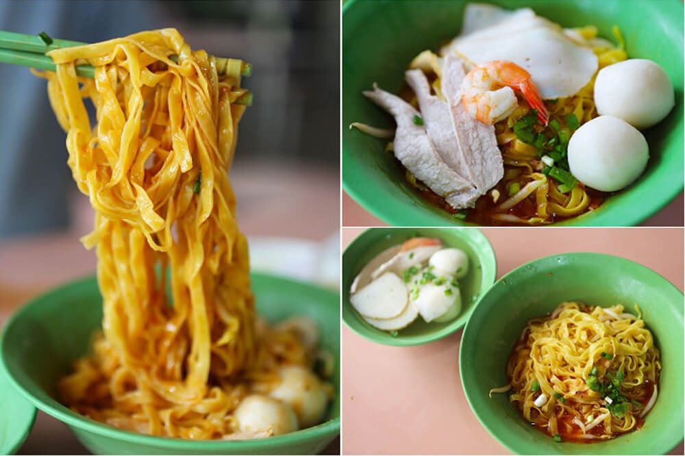 A collage of a bowl of fishball noodles, fishball soup and chopsticks holding up Mee Pok